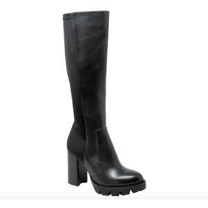 Charles David Gala Leather Tall Pointed Toe Lug Sole Block Heel Boot in Black